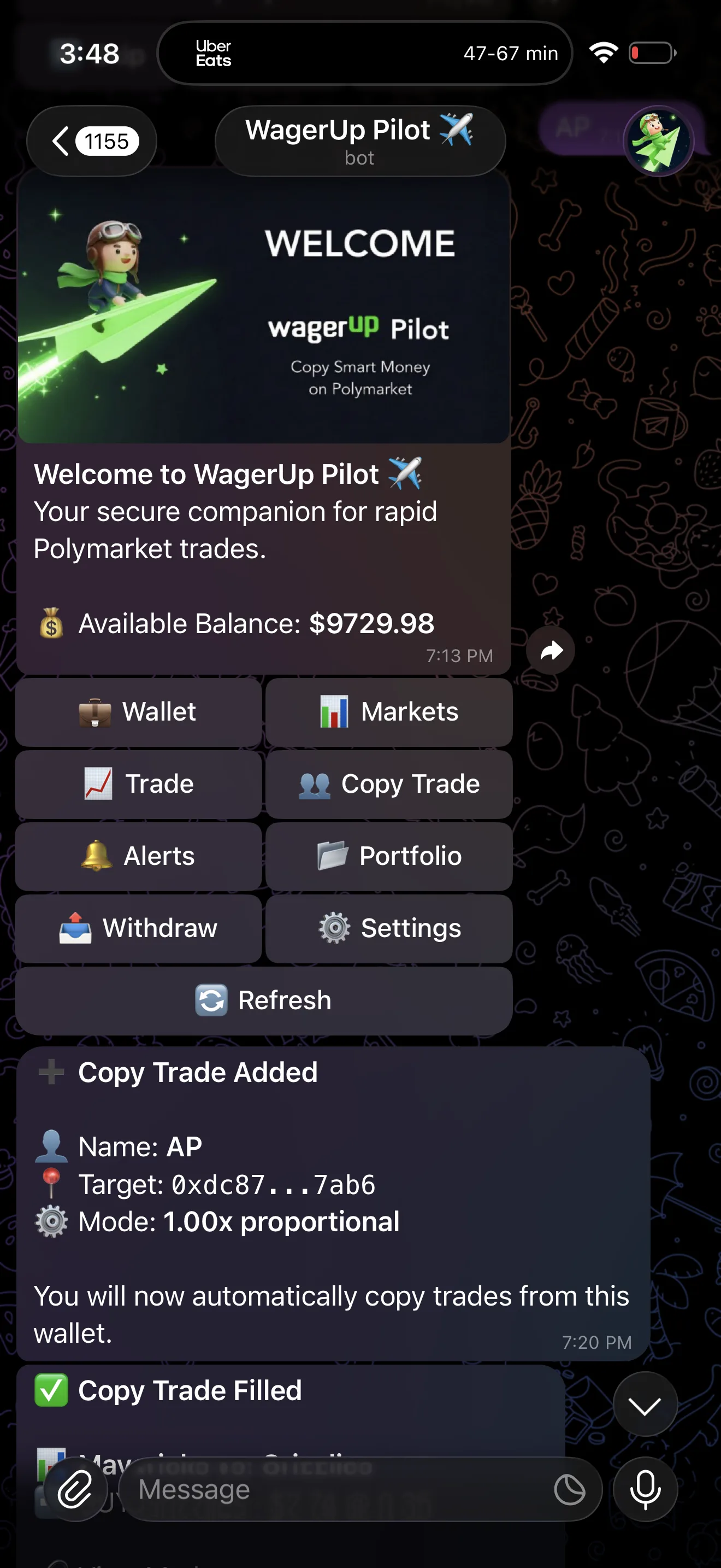 واجهة WagerUp Pilot من TerminalUp على الهاتف عرض TerminalUp لواجهة روبوت التداول WagerUp Pilot على Telegram
