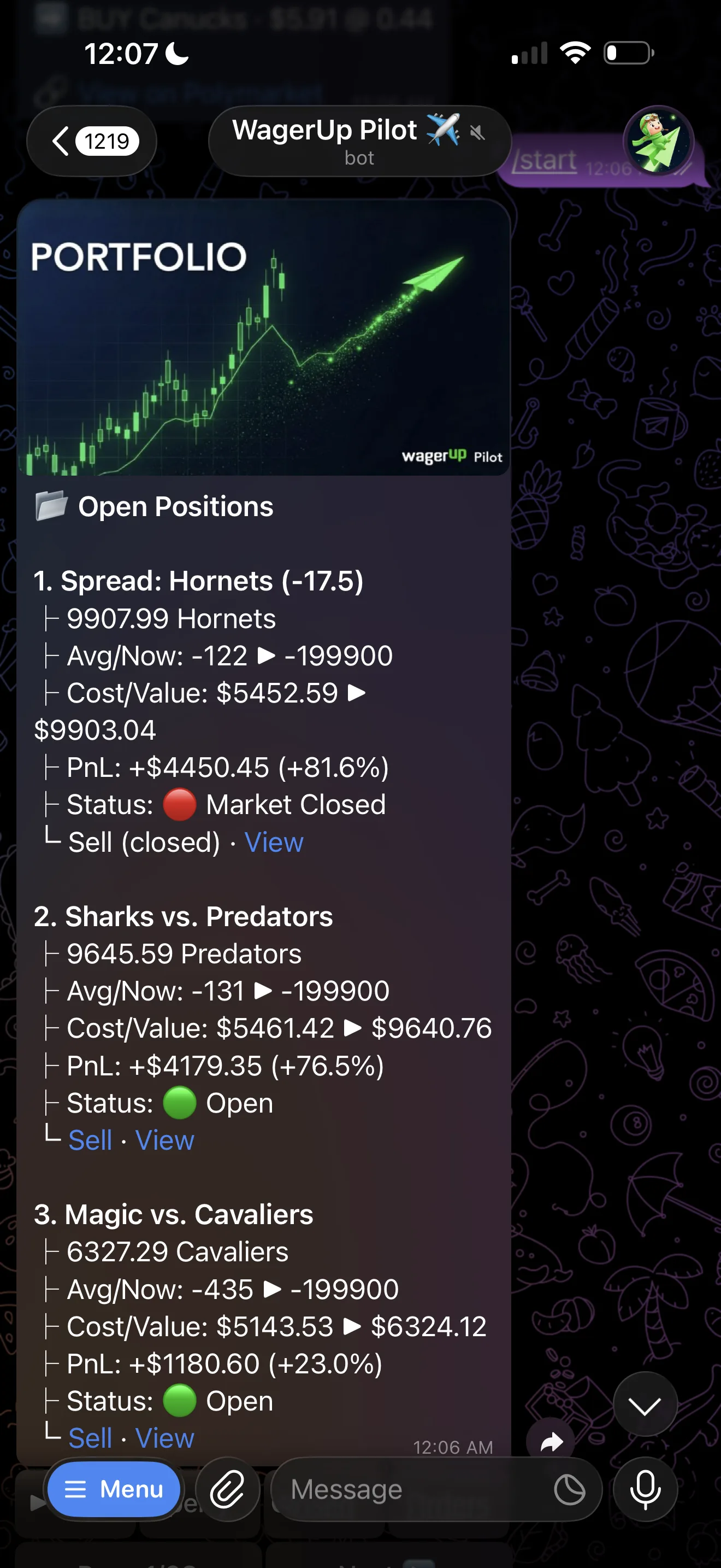 شاشة محفظة WagerUp Pilot من TerminalUp عرض TerminalUp لمحفظة WagerUp Pilot تُظهر مراكز مفتوحة تحقق مكاسب
