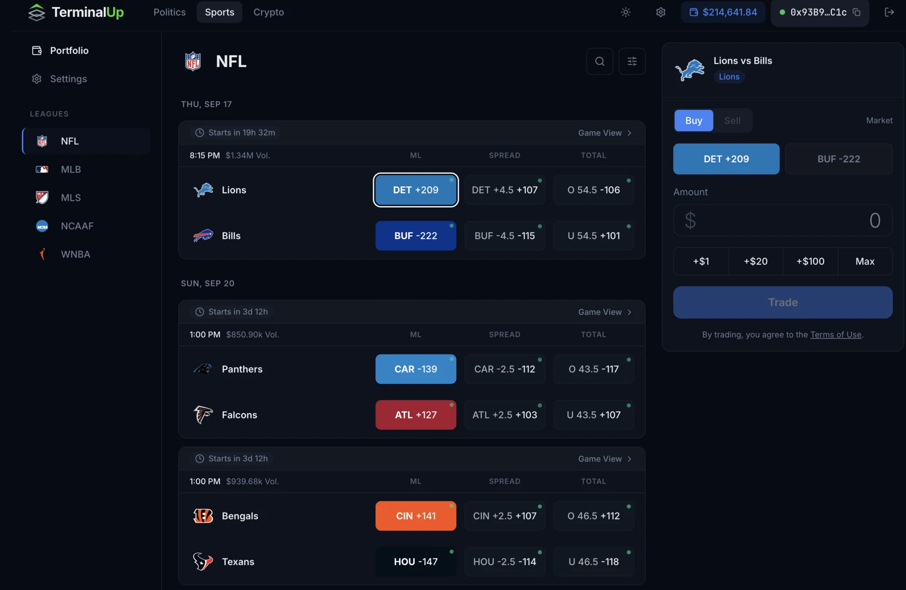 Platform trading NFL TerminalUp Ruang kerja TerminalUp yang menampilkan papan pasar NFL dan kontrol trading