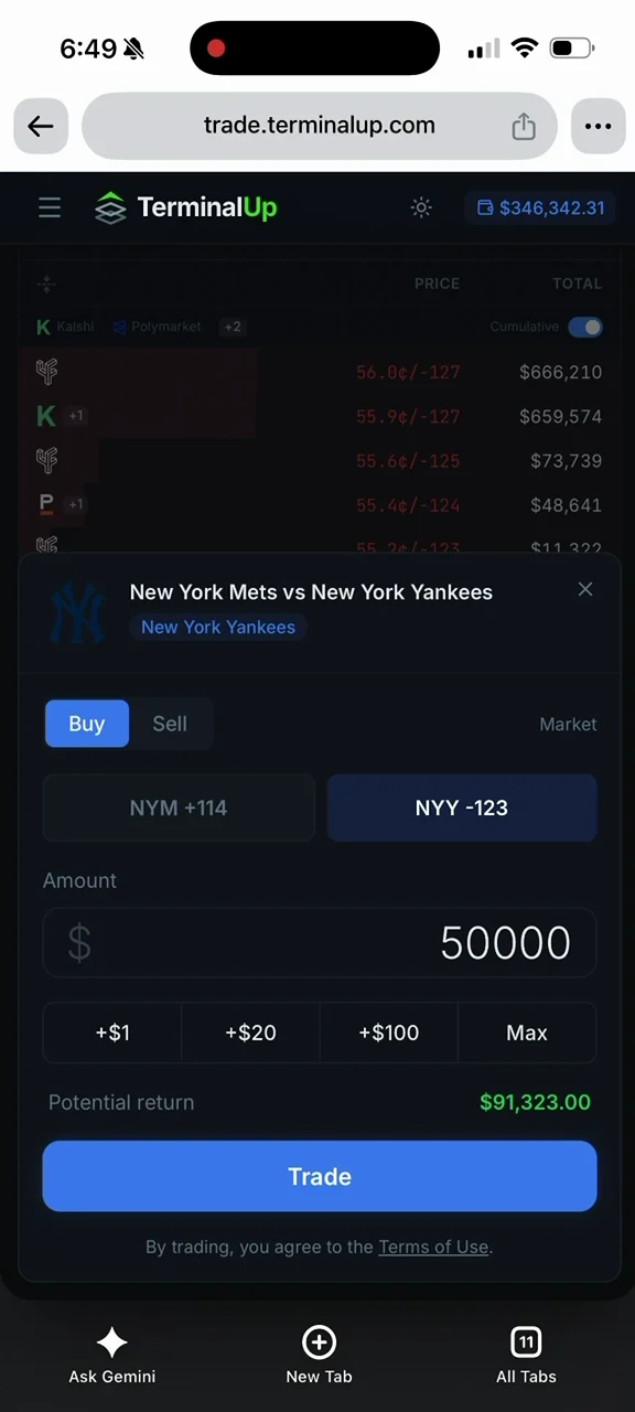 Poster demo order Yankees TerminalUp Tiket order TerminalUp di perangkat seluler yang menampilkan pilihan New York Yankees